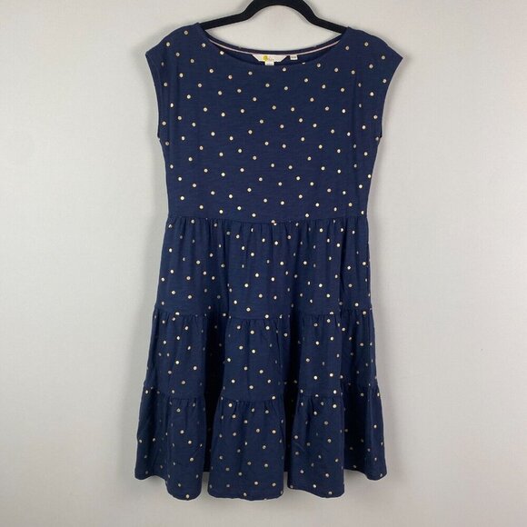 Boden Romaine Tiered Jersey Dress Navy and Gold Polka Dot US Size 2P - Picture 1 of 11